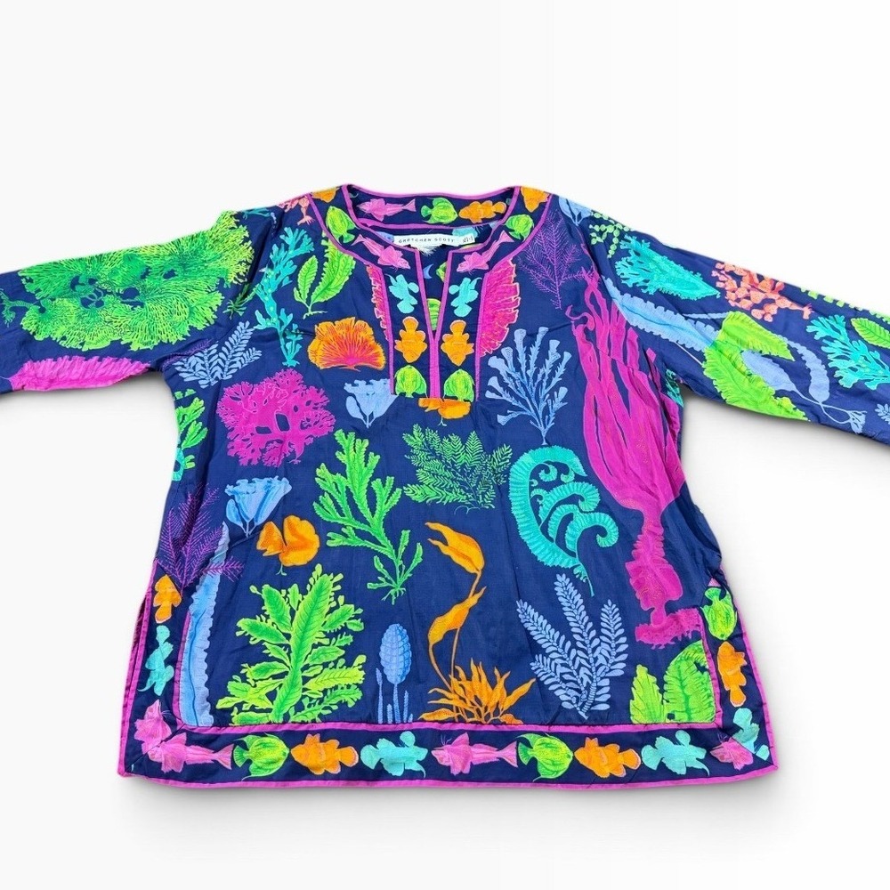 Gretchen Scott Navy Blue Neon Coral Fish Sea Life Tunic Top XL Resortwear Vacay